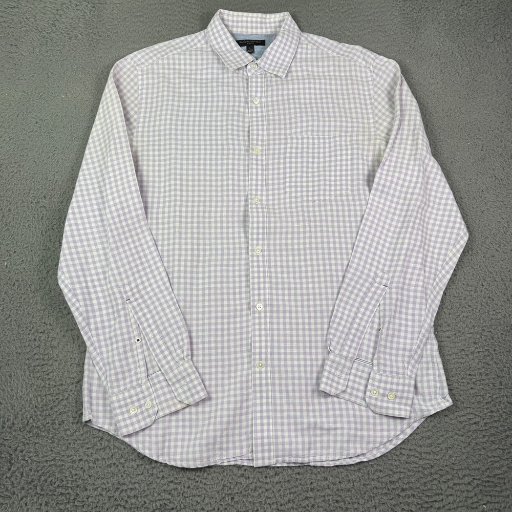 Banana Republic Shirt Mens L Purple Plaid Long Sleeve Linen Blend Button Summer